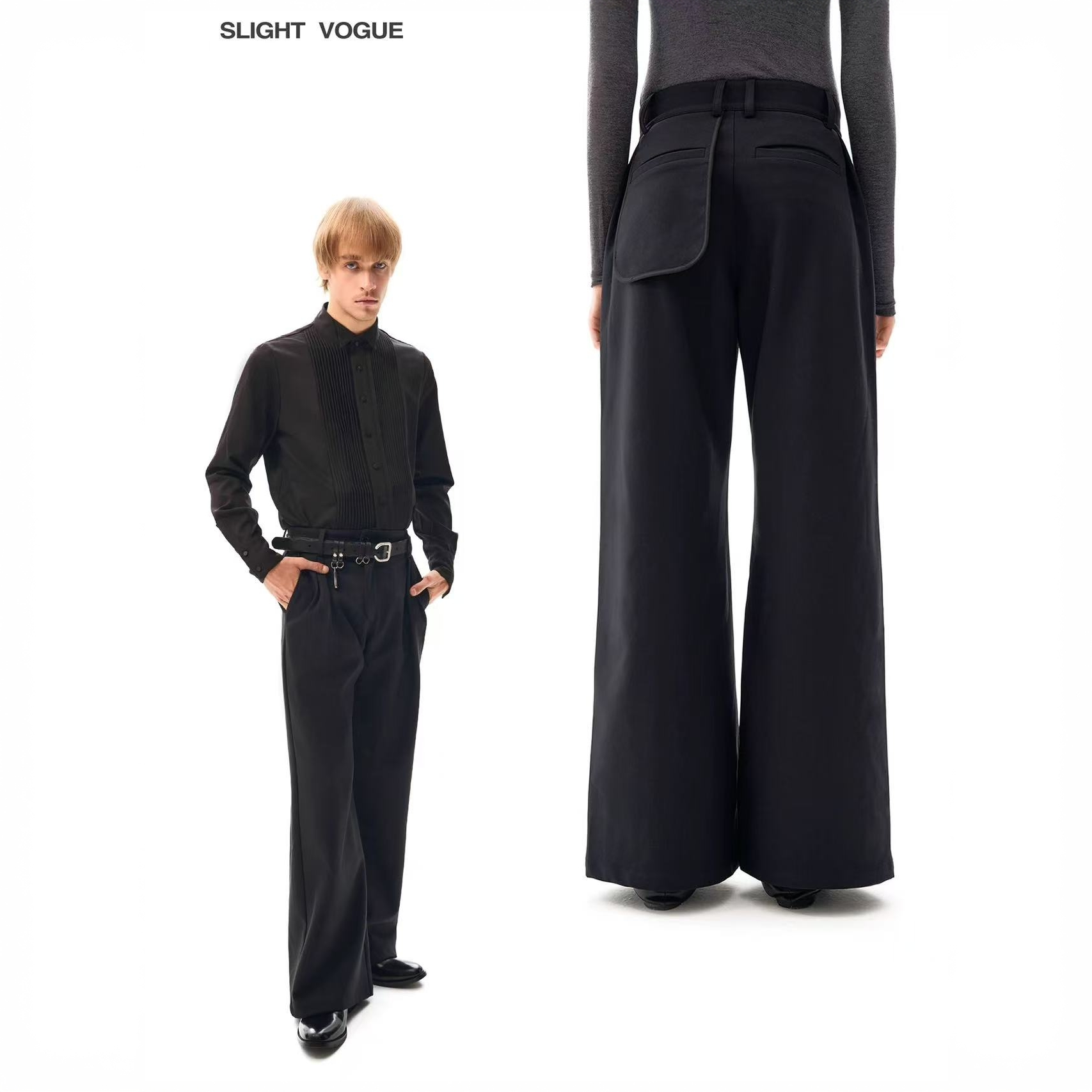 Slight Vogue丨鸦色游离后袋偏襟微喇休闲西裤SV4628A