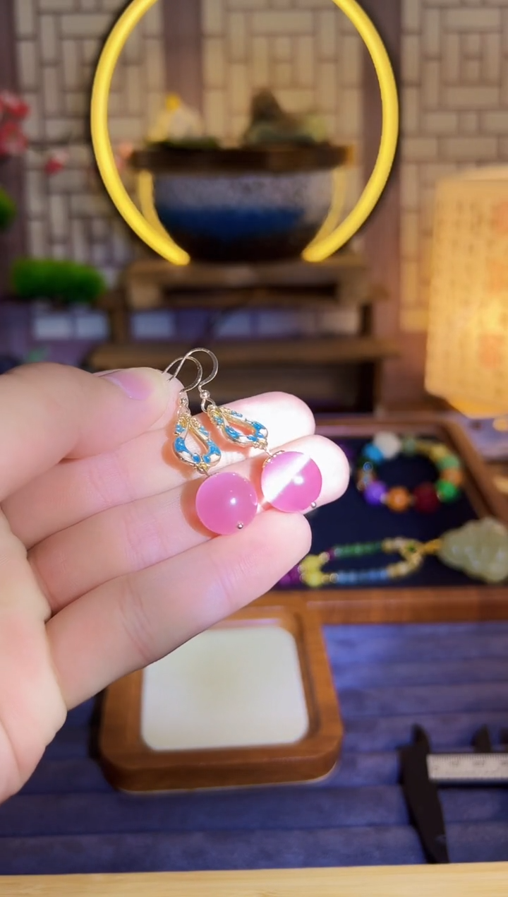 碧玺猫眼耳饰14K金镶嵌E54