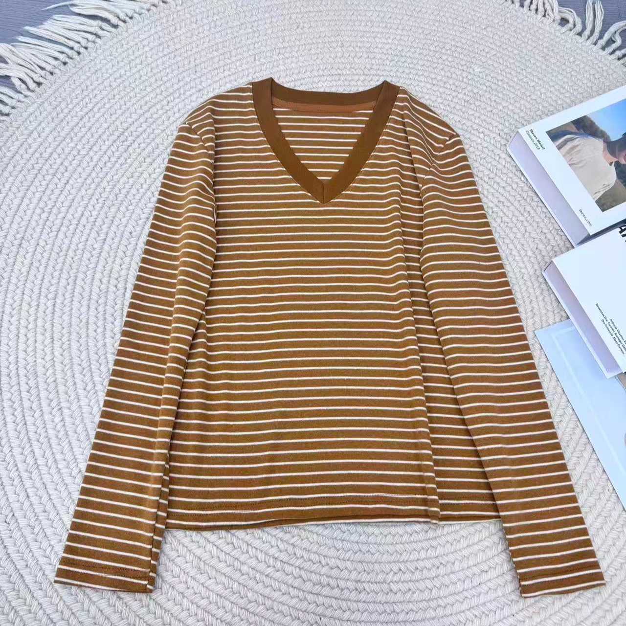 女士纯棉拉架v领长袖T L5682#