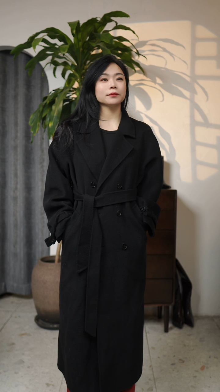 双排扣腰带毛呢大衣，黑色，M