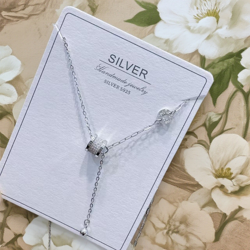 坠链均925银锆石 雪银银匠/纯银白色精致小蛮腰锆石银项链