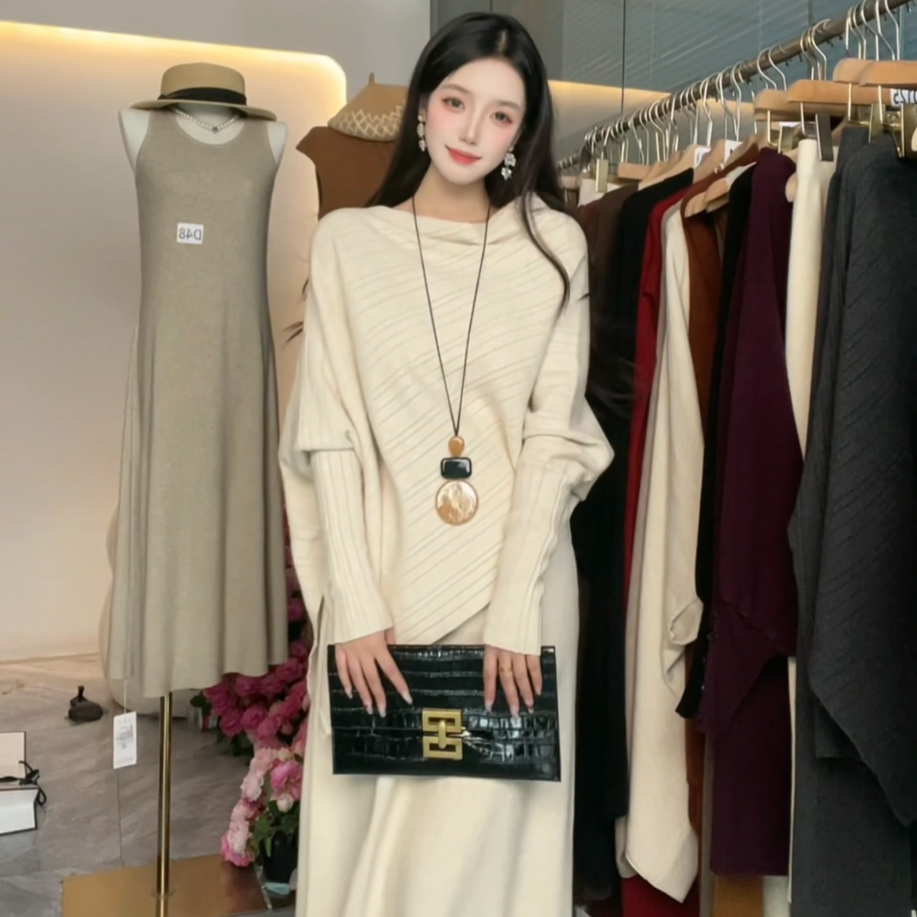 (D144)2025设计款羊毛蝙蝠衫套装 百搭气质款超舒服