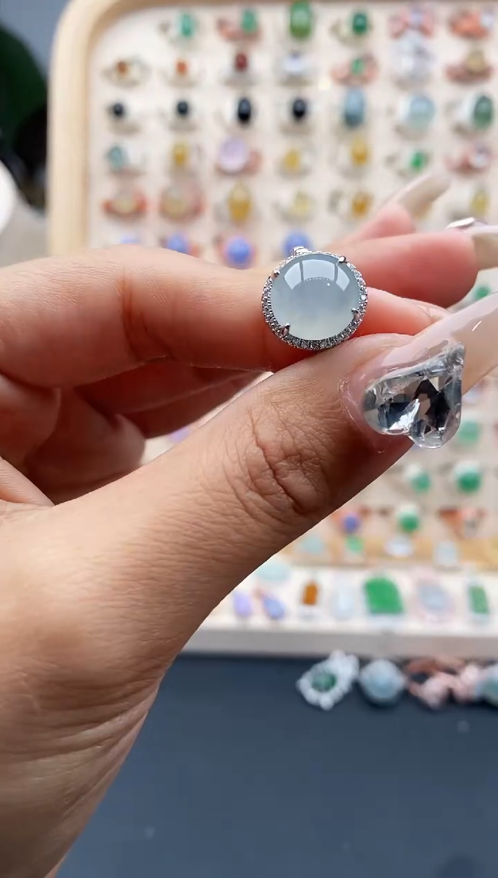 【闪购商品】翡翠戒指银S925镶嵌缅甸天然A货翡翠444  10+7