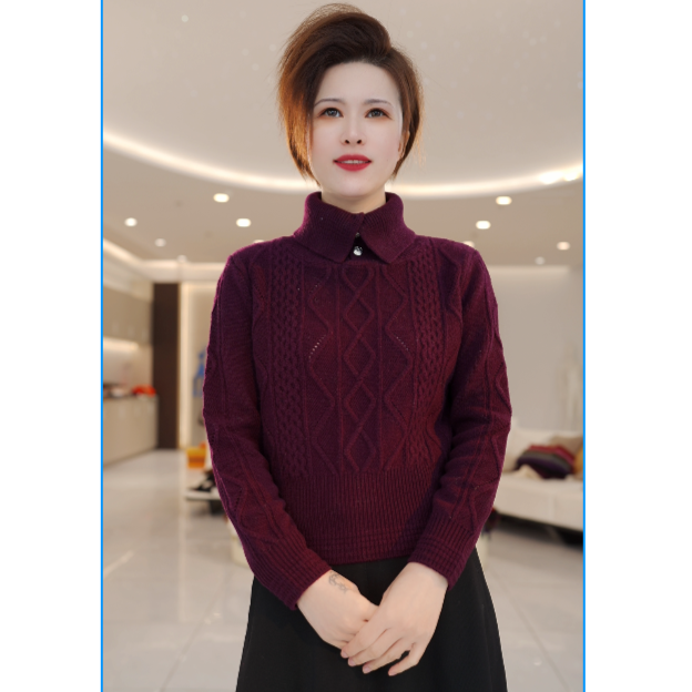 【啦啦精选】绞花纯羊毛翻领女士毛衣秋冬加厚复古毛衣1210