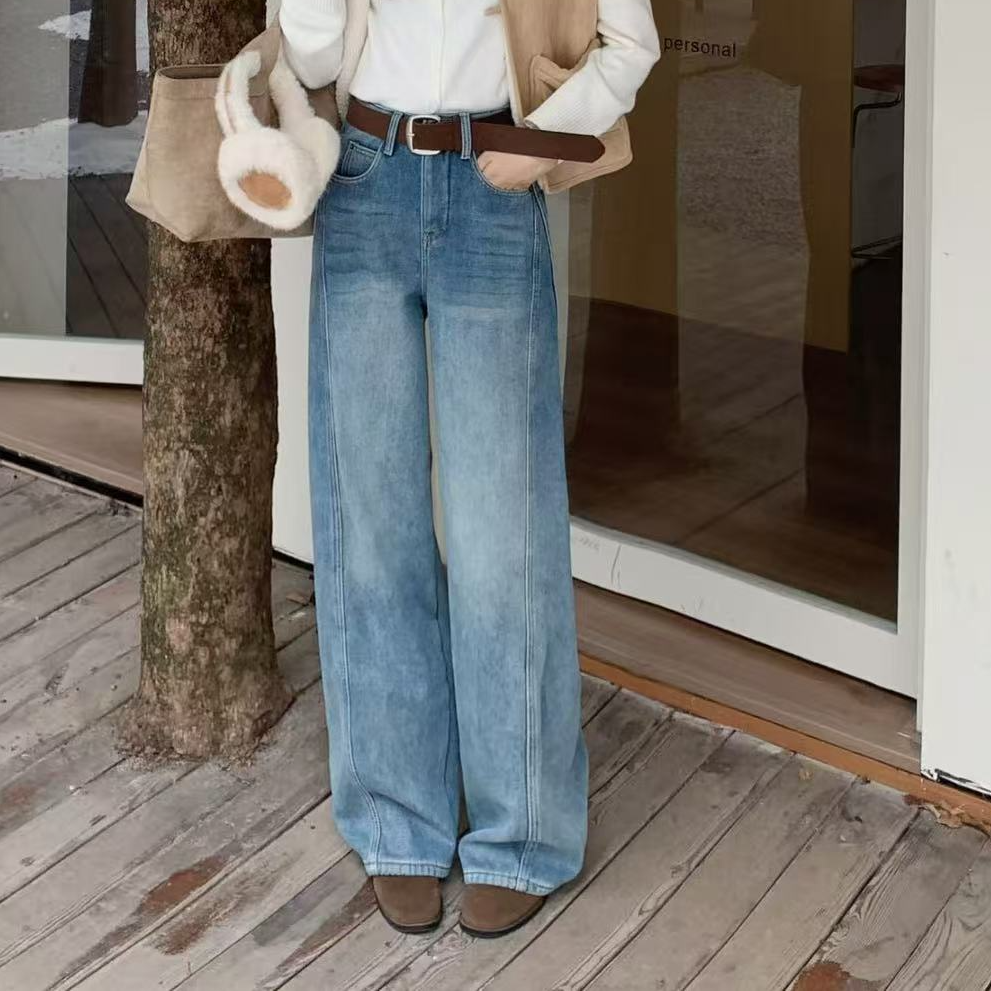 【藏肉显瘦】复古休闲风无弹极简风加绒厚款高腰牛仔裤阔腿裤