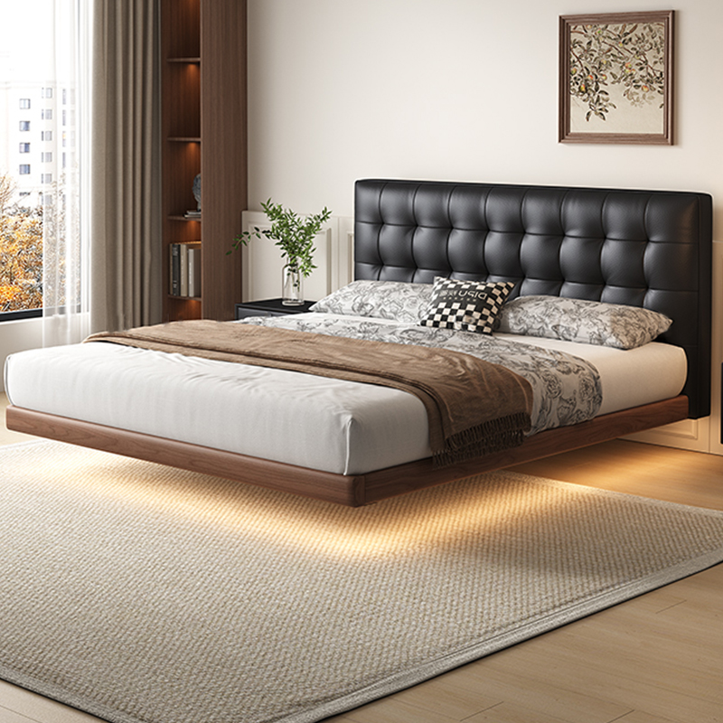 柏图现代简约主卧真皮床【华夫格悬浮床】中古风实木软包轻奢双人床