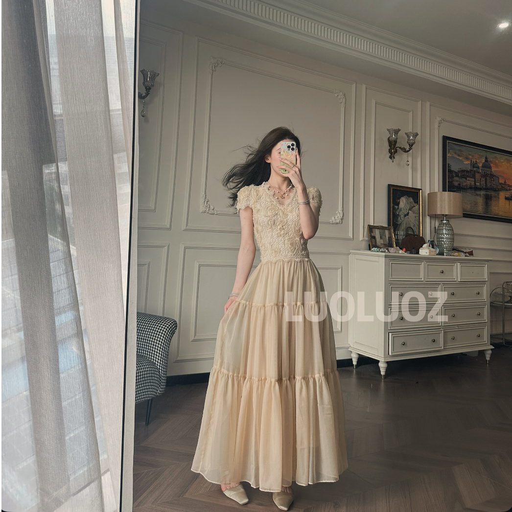 【现货】LUOLUOZ【迷醉花园】气质绝美轻奢收腰女神范长款连衣裙JF712