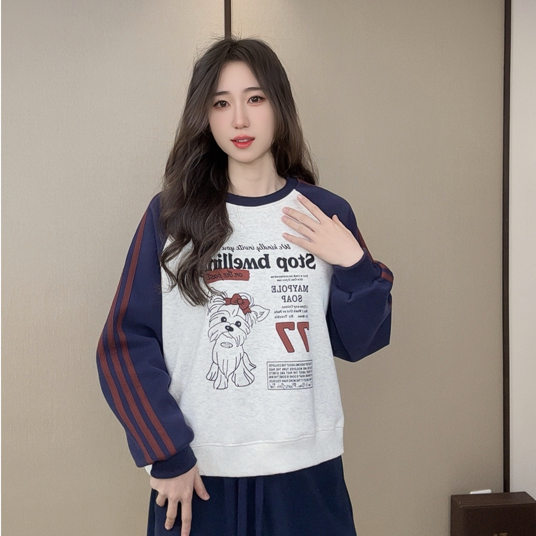 秋冬女卡通动漫休闲冬季卫衣拼色韩版百搭印花圆领拼接撞色时尚
