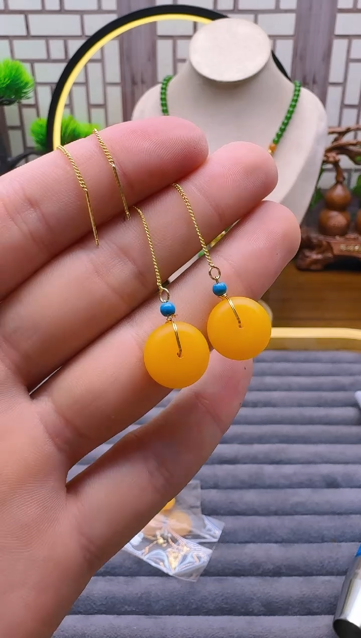 蜜蜡14K金镶嵌耳饰E46        