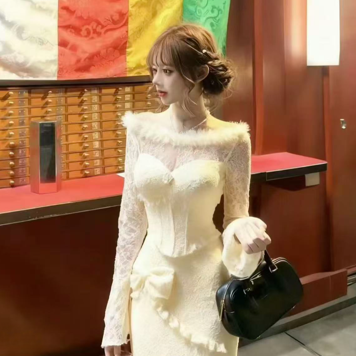 公主家9082秋冬新款加绒拉链鸵鸟毛上衣+蝴蝶结半身裙显瘦套装