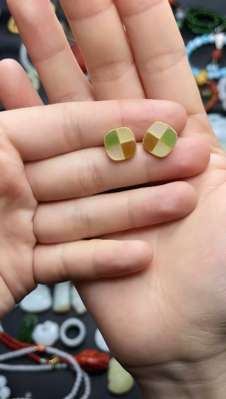 银S925镶嵌和田玉耳饰方糖多宝耳钉06