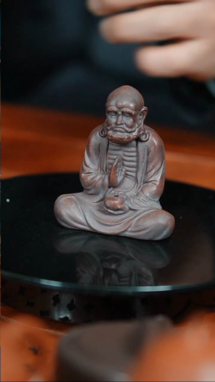 【闪购商品】紫砂茶宠古红泥刻绘香插达摩精品摆件