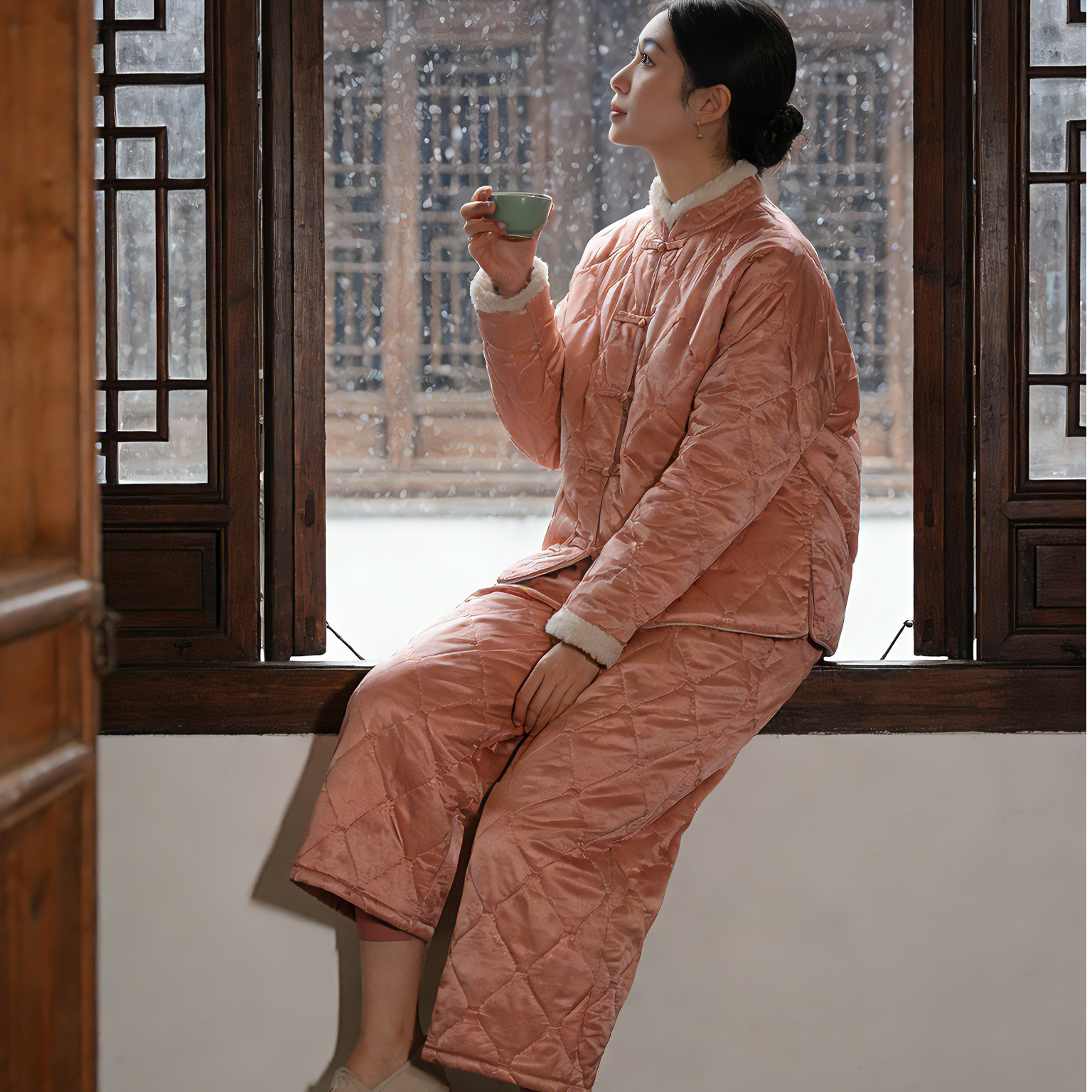 充满玫瑰花香 格子八分棉裤带抽绳