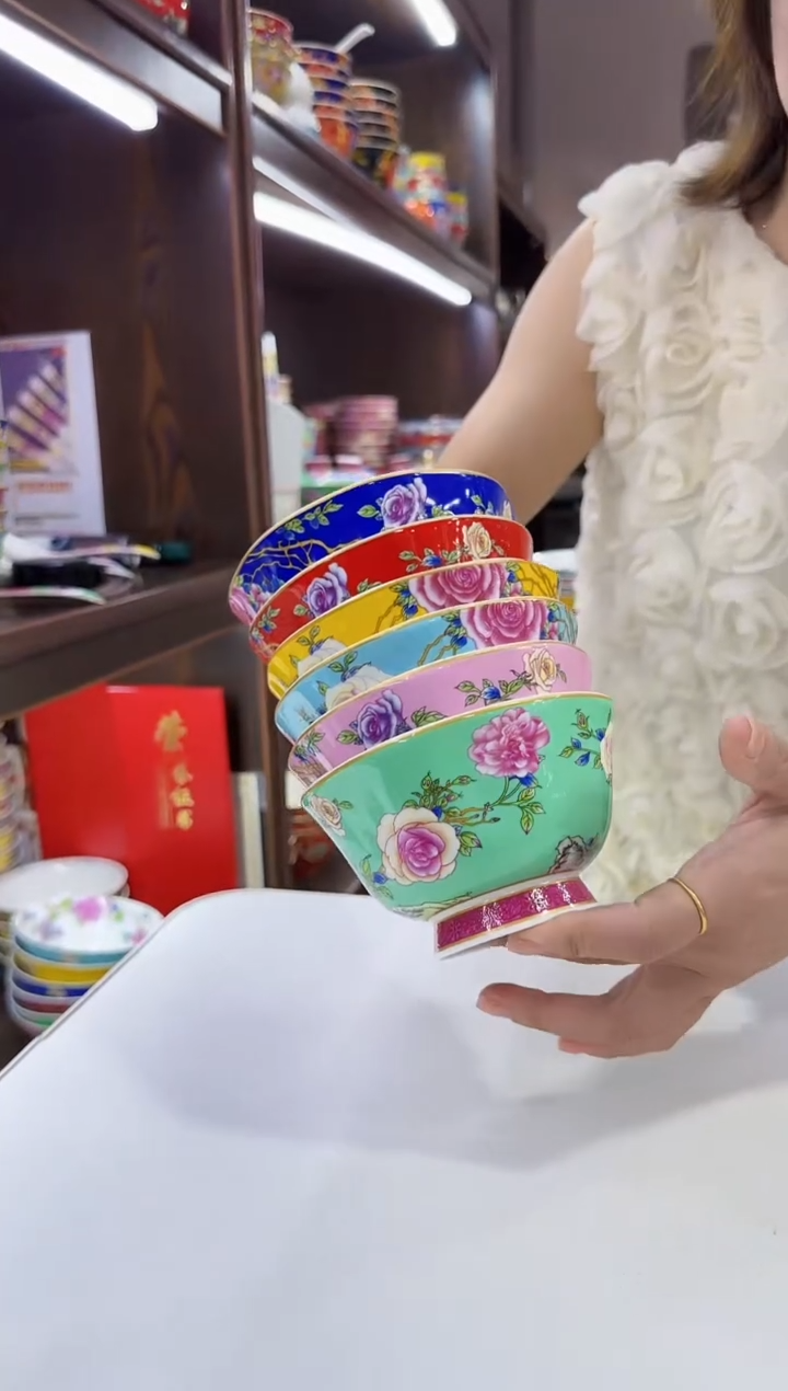 珐琅4.7英寸花口碗6个景德镇陶瓷混色