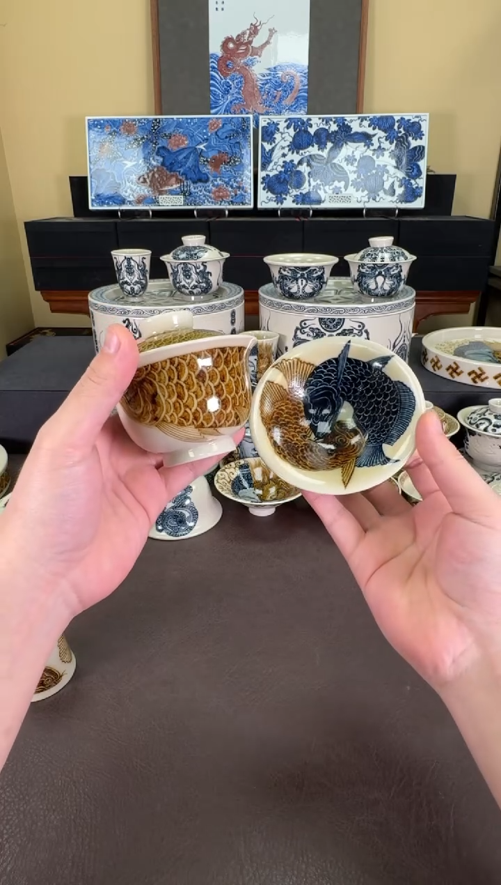 【闪购商品】二号釉金龙鱼盖碗+斗笠杯