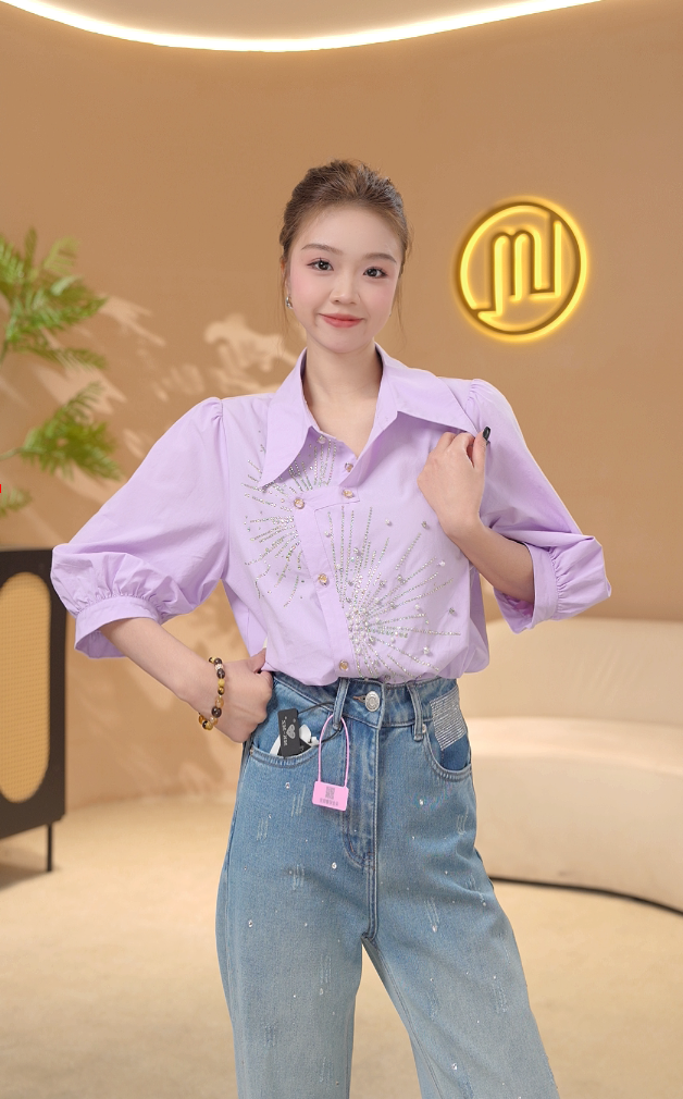 QH80184镶钻纯色长袖不规则衬衫显瘦上衣女