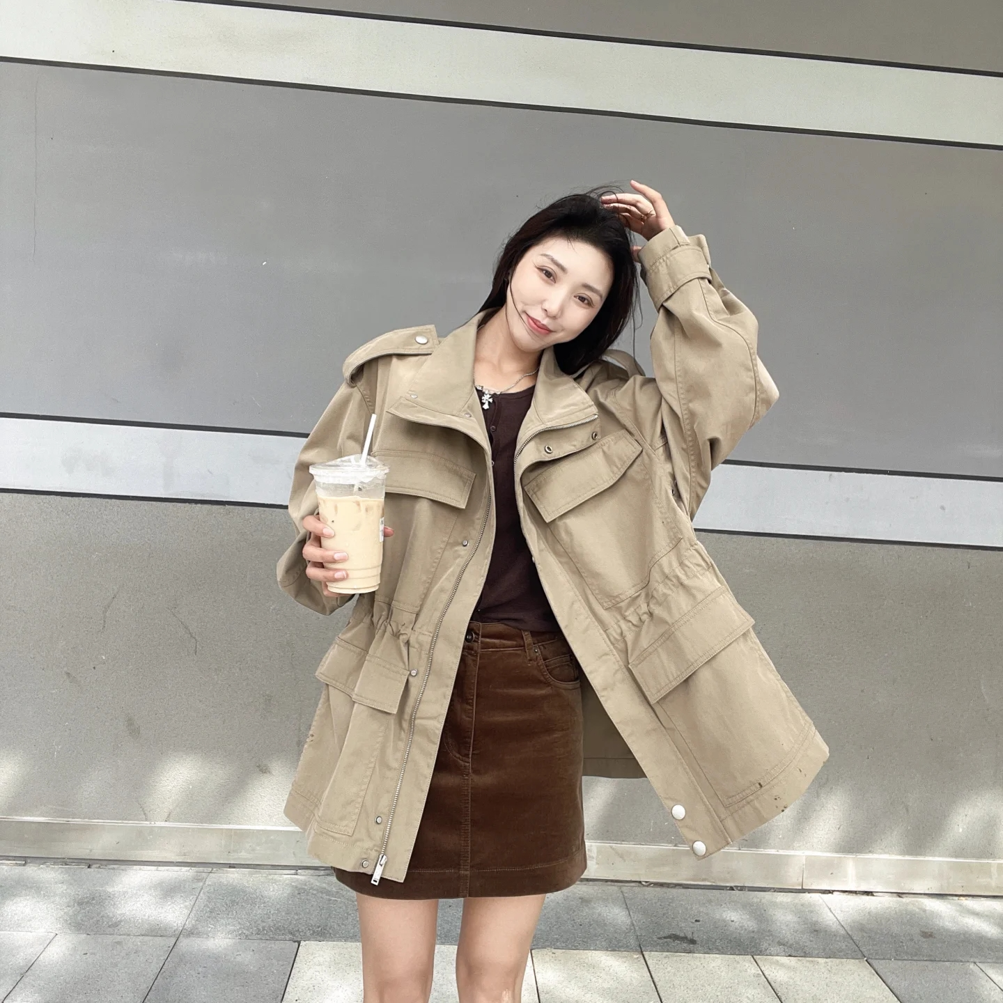 【秋雾】立领男友风秋季常规款工装风风衣棉服韩版卡其色.D2239
