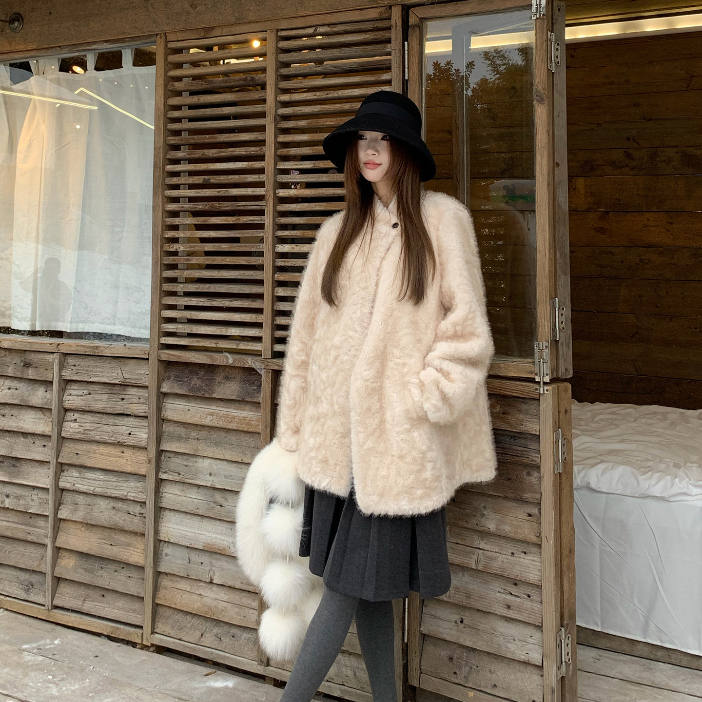 【蛋白皮版】新款中长款环保小湖羊韩系高级感保暖毛毛外套女