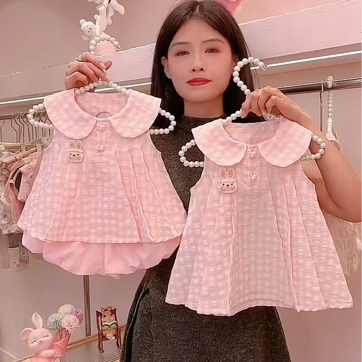  X55夏天新款童装女童洋气夏季粉色格子小女宝套装&连衣裙