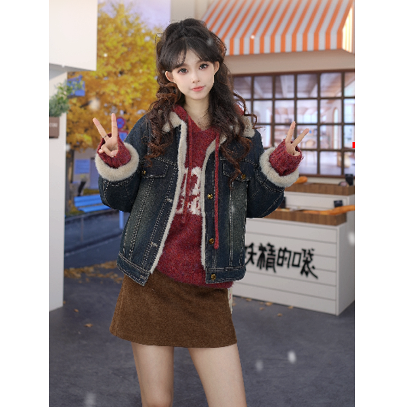 【云c专属】妖精的口袋复古牛仔外套毛绒绒拼接2024冬季新款
