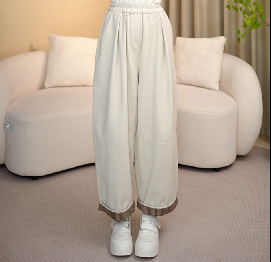 6783冬季新款加绒加厚松紧腰休闲女裤宽松直筒卷边简约百搭纯色裤