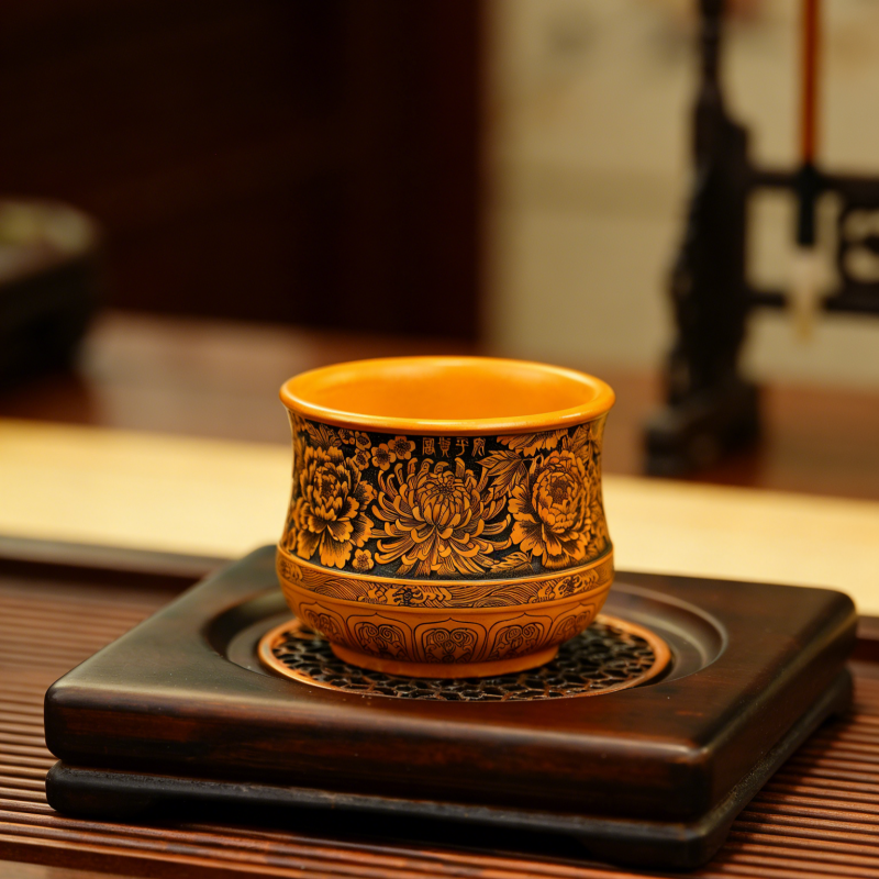 【宜兴原矿】黄金朱泥粉浆手工紫砂主人杯刻绘花开富贵收藏级主人杯