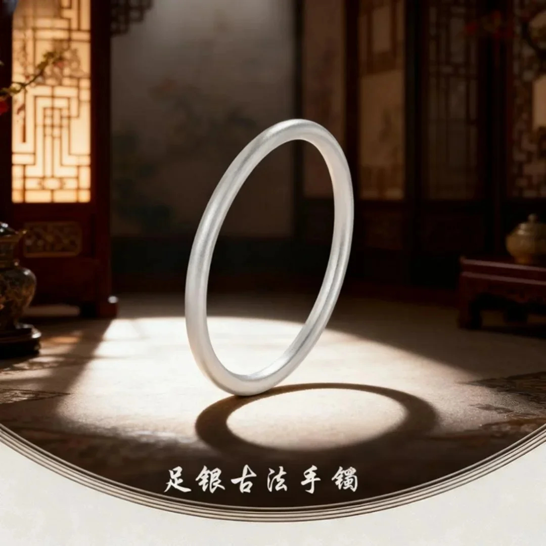 足银手镯 素圈亮面古法手镯女士简约传承气质