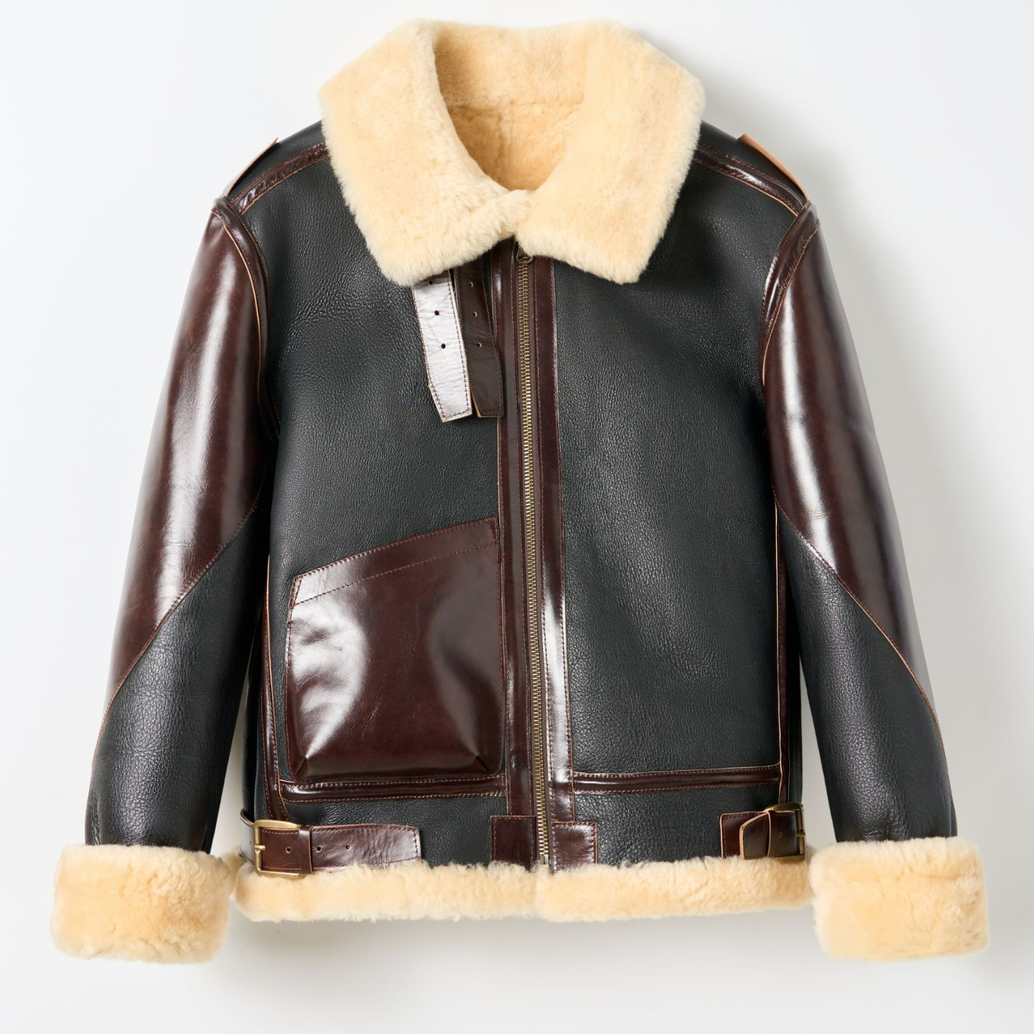 巴顿B3皮毛一体飞行服外套牛皮拼接机车复古皮毛一体