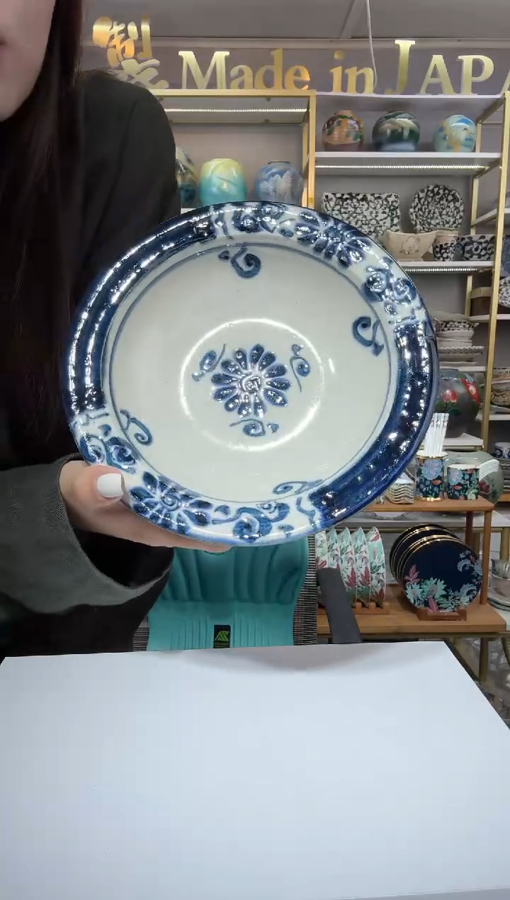 陶瓷宗山窑汤盘-蓝菊19.5cm