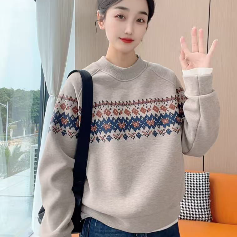 【插肩款】冬日氛围感【费尔岛】加绒加厚常规款圆领卫衣 2727 X