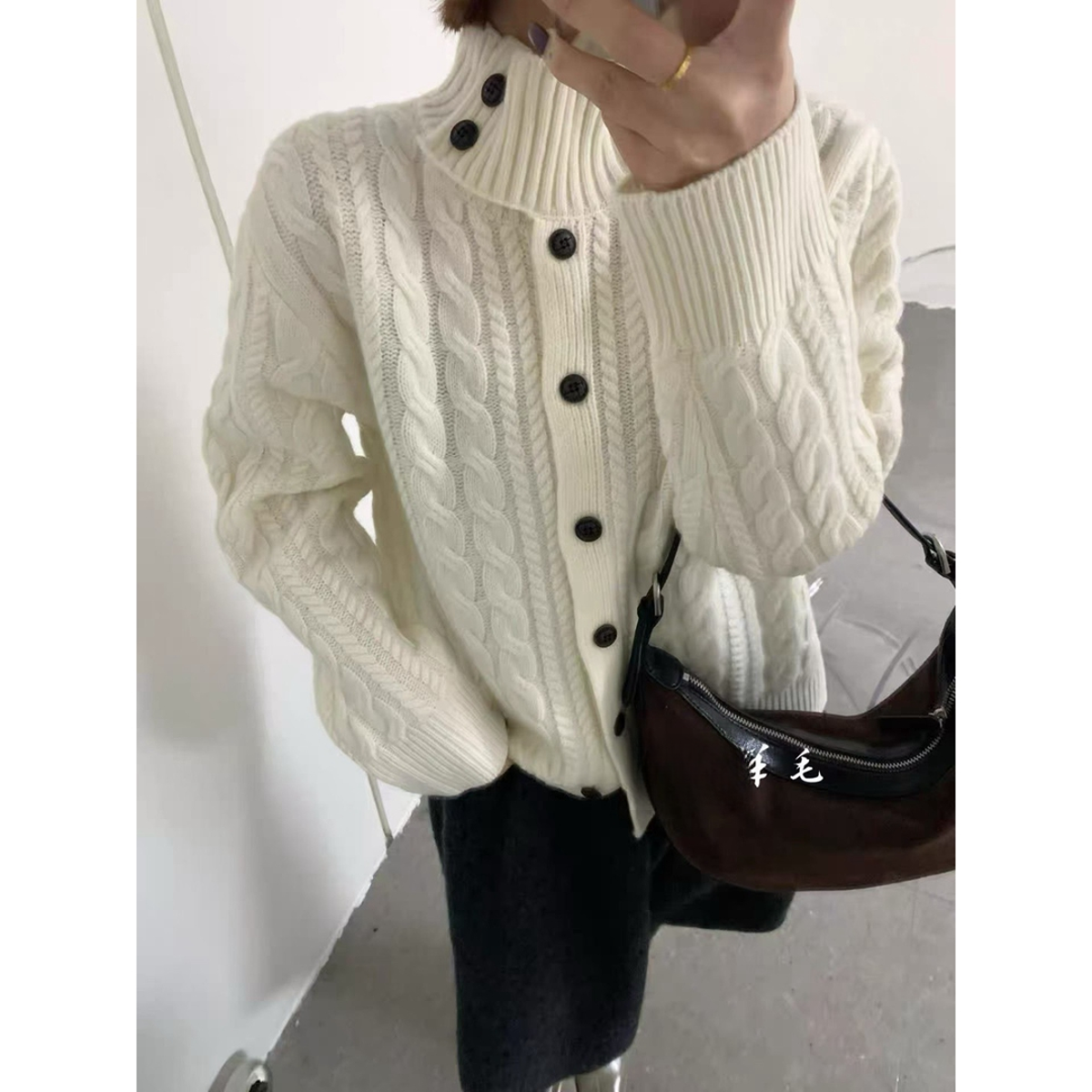 YYZZ 25531韩版侧系扣高领麻花纹羊毛针织开衫冬季新款女软糯毛衣