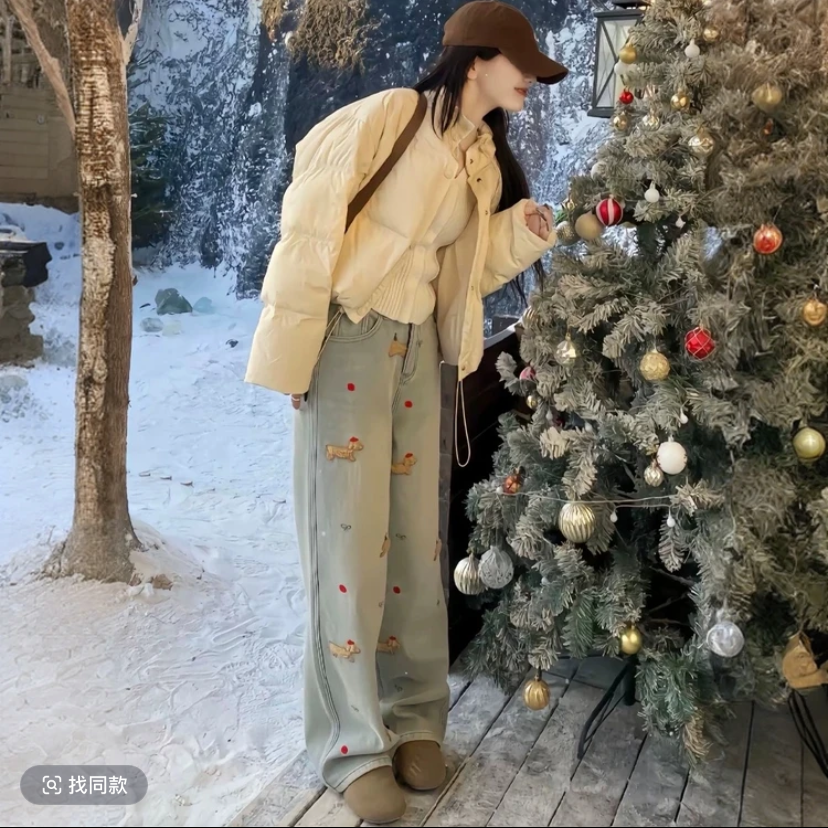 【新款腊肠狗】高个子175加绒加厚冬窄版阔腿直筒牛仔裤女高腰拖地