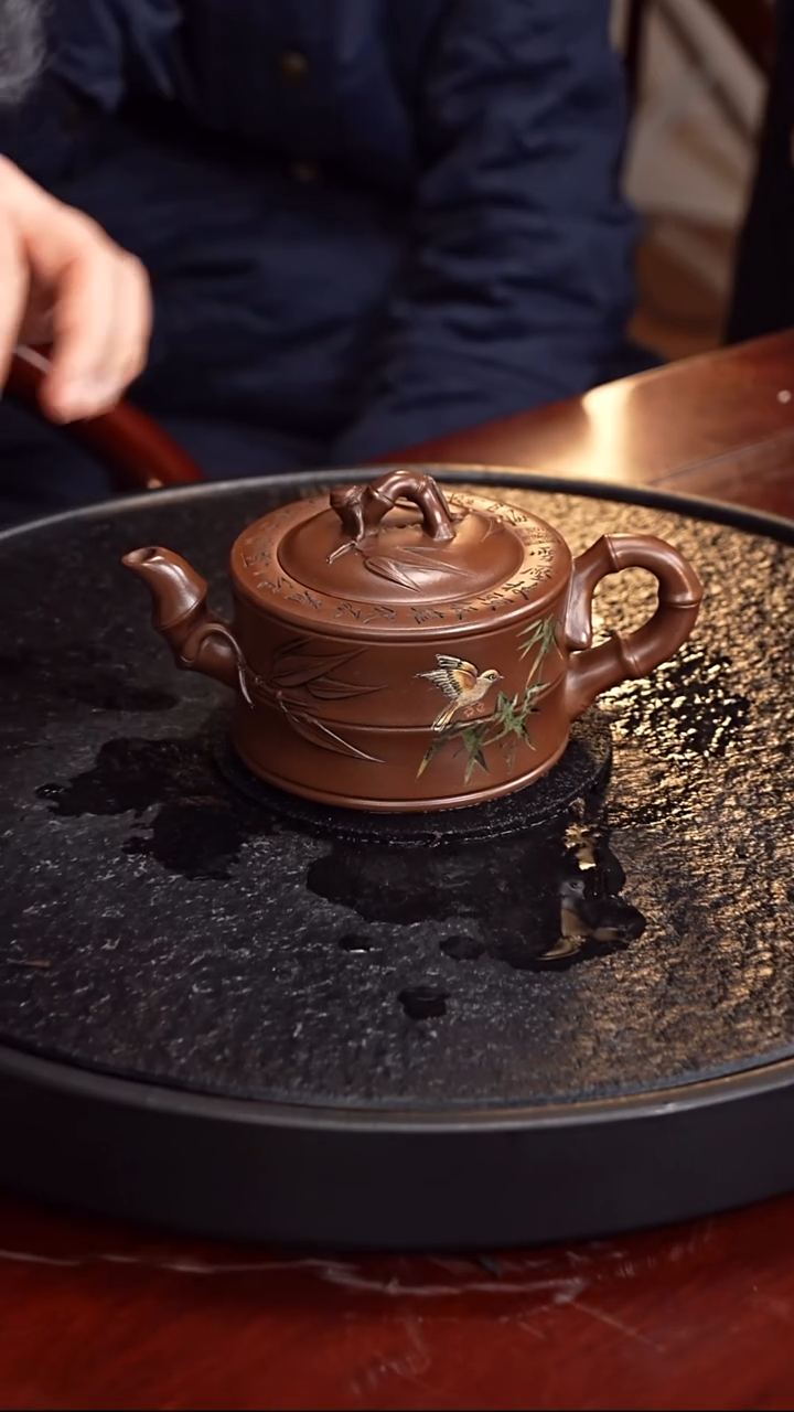 茶壶紫砂丁雪英  竹段90  紫泥 220毫升 配瓷器套组 启功