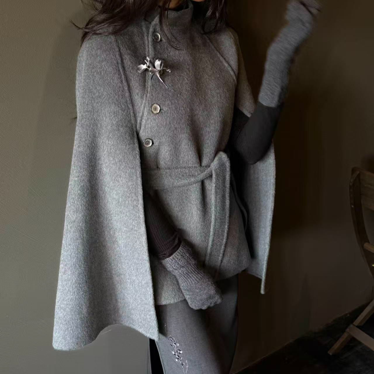 【秋张】白泽开明  原创中式羊毛国风双面呢斗篷大衣女 重工外套