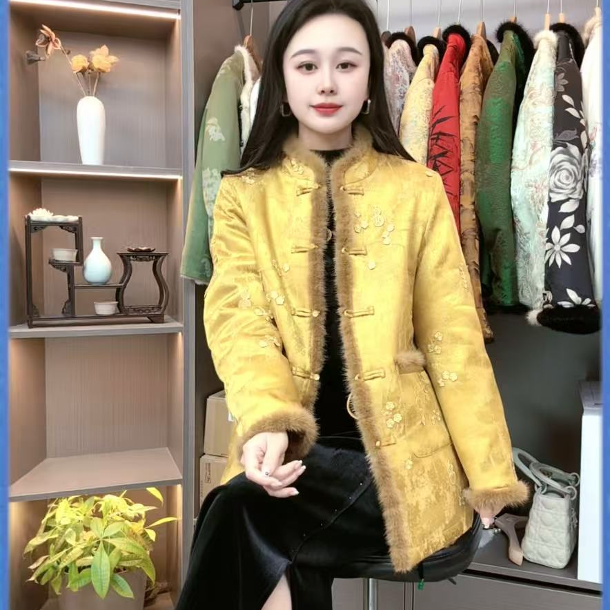 【中长款】双面穿新中式冬季皮毛一体立领上衣水貂毛提花外套S105