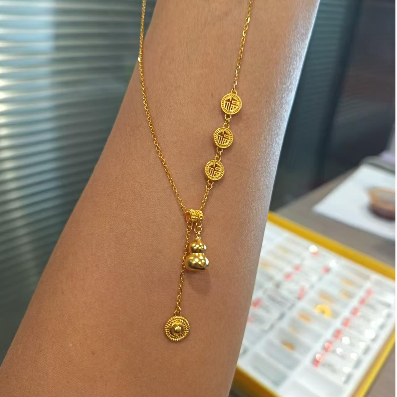 老庙足金999葫芦流苏套链