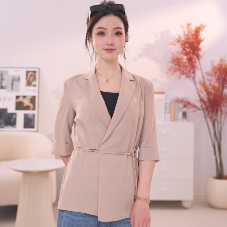 H187【朗】高级感醋酸西装外套女轻奢通勤简约绑带七分袖上衣