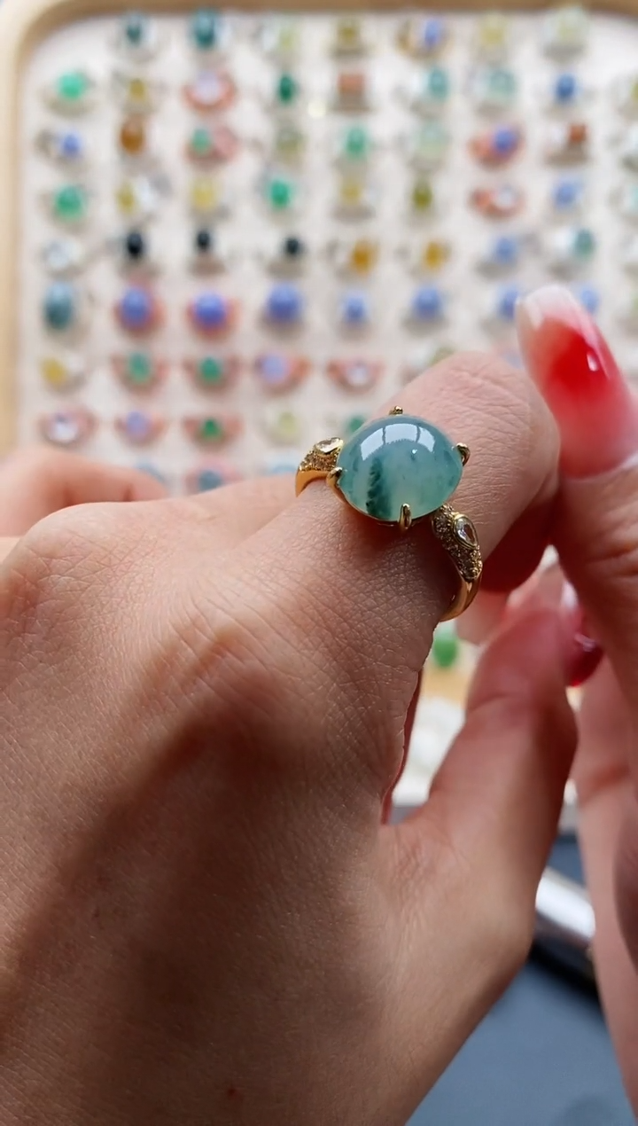 【闪购商品】翡翠戒指银S925镶嵌天然缅甸A货翡翠444 7+5