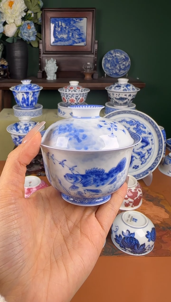 【闪购商品】杯景雨工坊 青白鲤鳜  盖碗