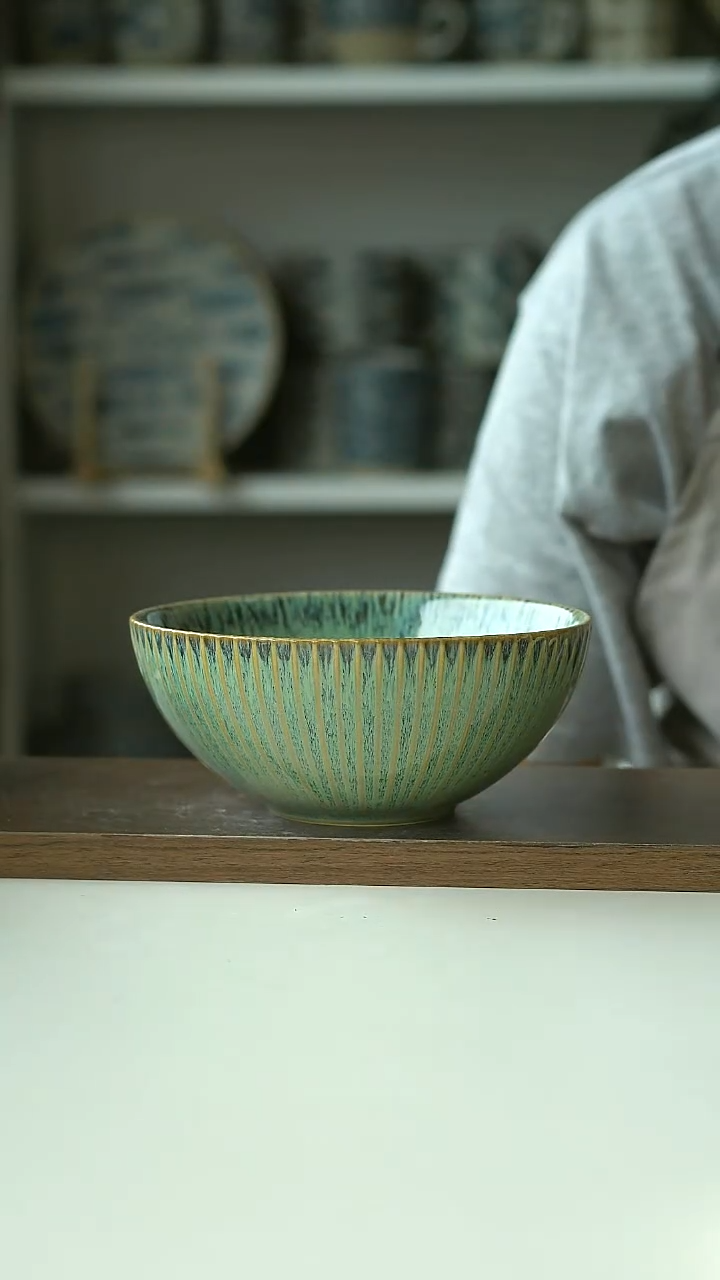 微瑕窑变浮雕条纹面汤碗15.5cm@4-2@