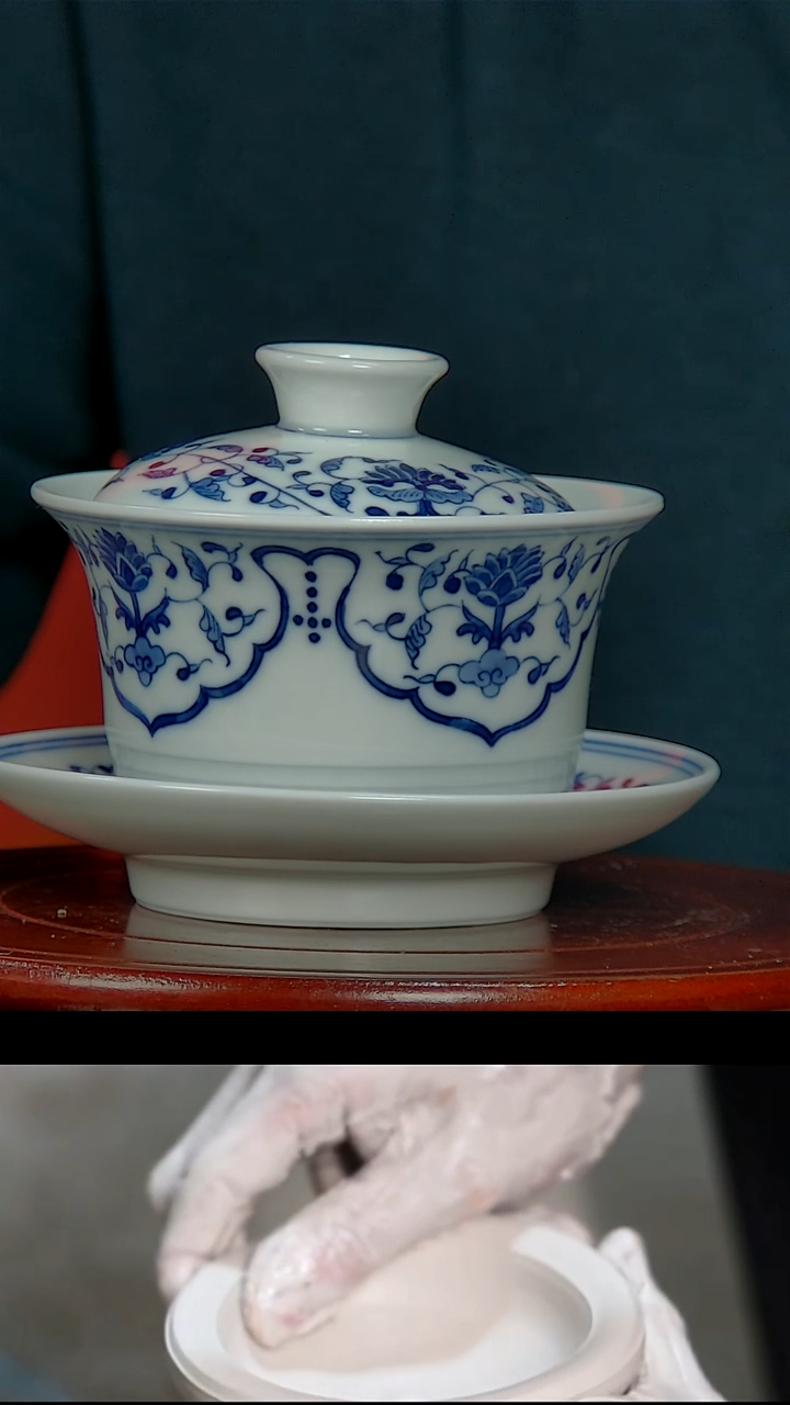 【闪购商品】009景德镇民间艺人青花吸走了马蹄盖碗