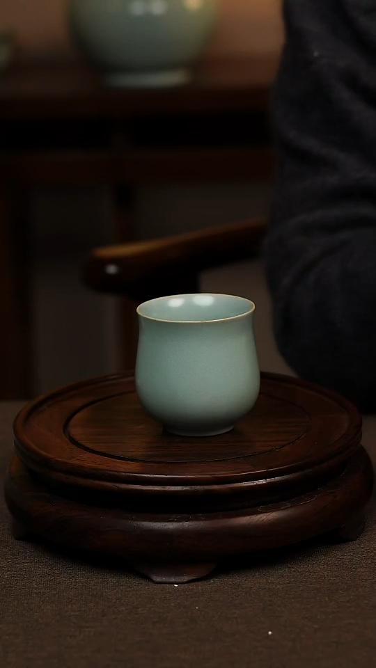 瓷片仿古天青全手工玉兰杯120ml 微瑕 不带礼盒