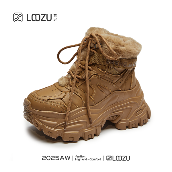 【LOOZU】龙足品牌 2025 休闲女高帮牛皮羊毛加厚冬季运动鞋 16715