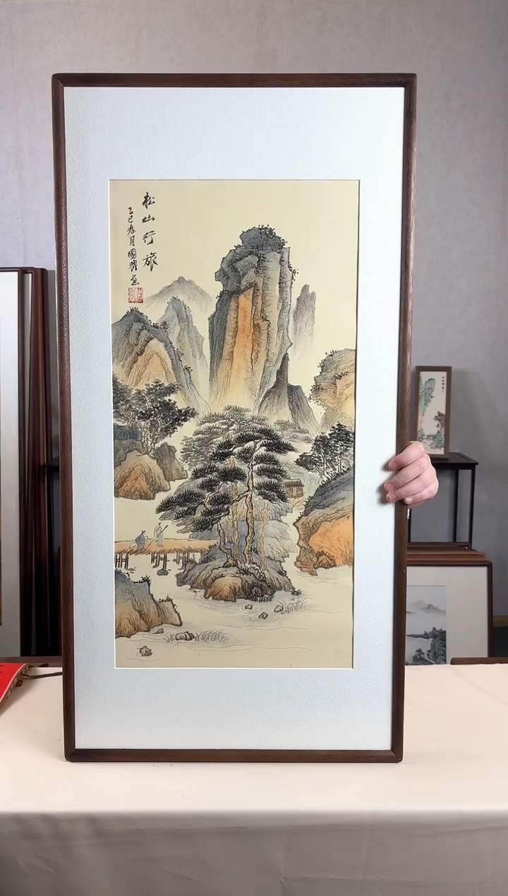 【闪购商品】国画手绘*松山行旅*47*92cm实木框