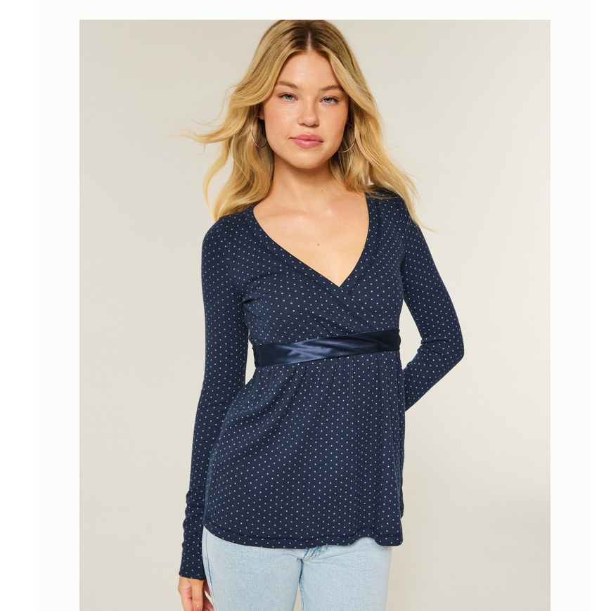 Hollister25秋冬新款美式辣妹蝴蝶结V领系带长袖T恤女装339-5080