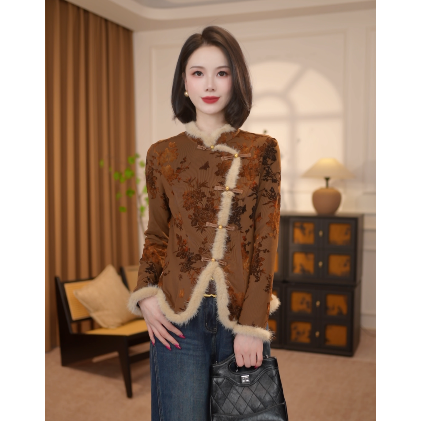 【语舒】新中式复古印花打底衫水貂毛拼接秋冬款上衣G8761