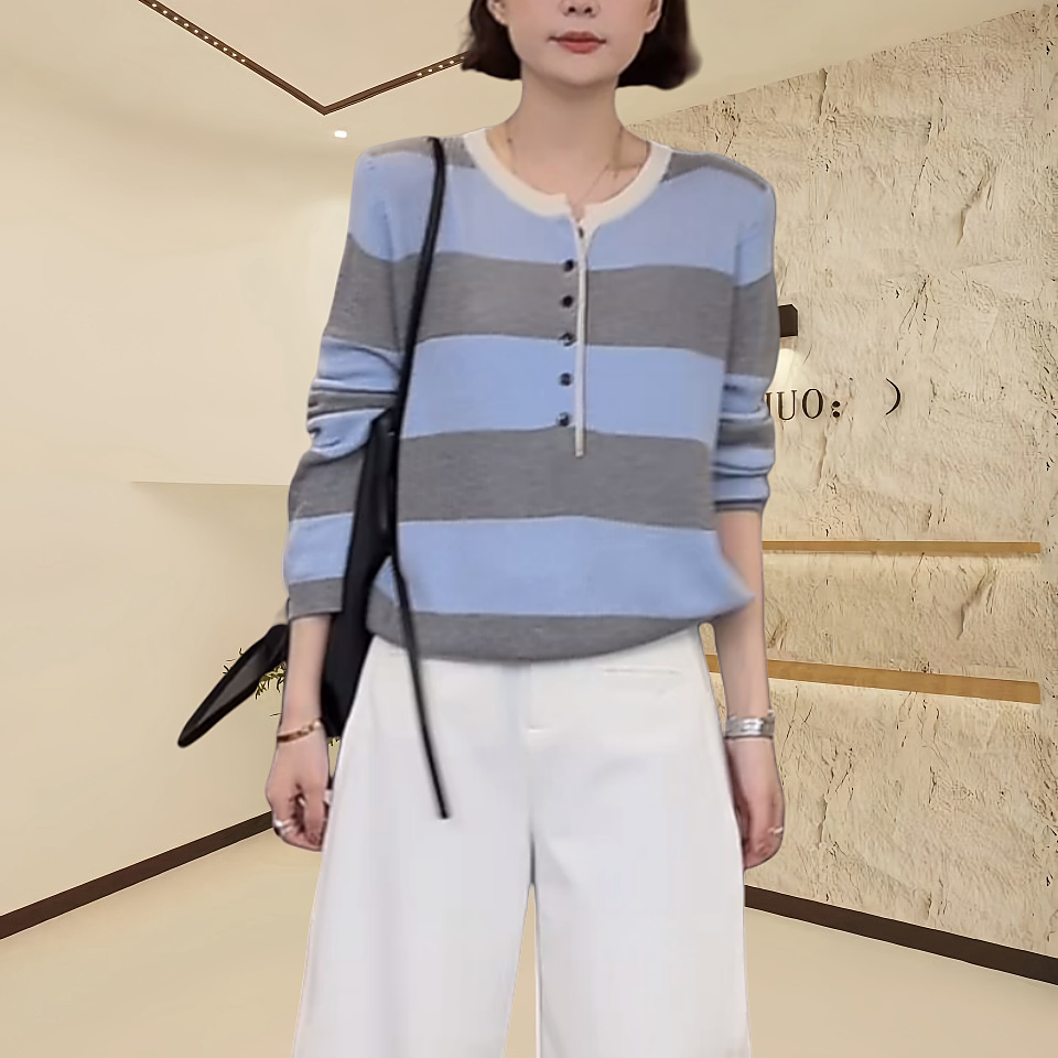 2025春季新款撞色拼接条纹单排扣针织开衫百搭宽松圆领长袖女