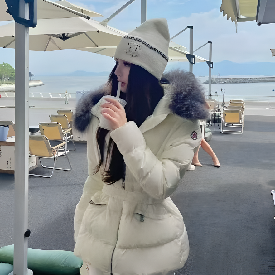 腰带收腰超大毛领羽绒服女短款修身显瘦口袋冬季外套