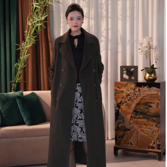 SUSSI/古色奥莱专供【呢语霜枫】厚款军绿色双排扣束腰呢子长大衣