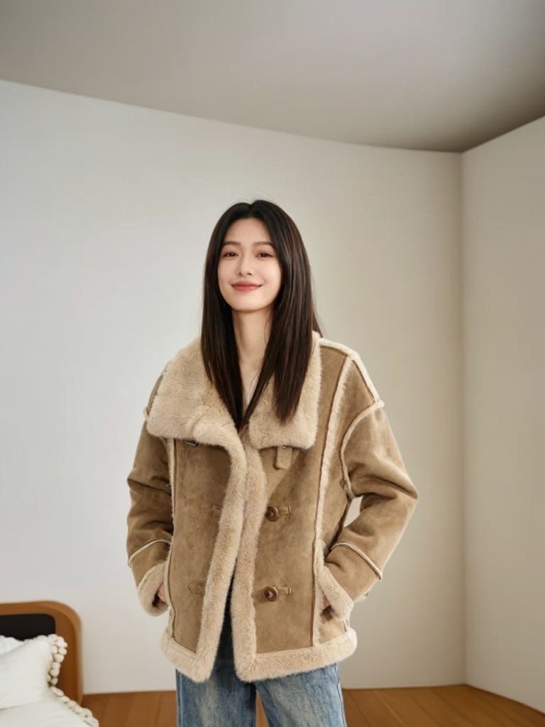 2025年冬季单品拼接翻领皮毛一体外套不挑人宽松版型保暖上衣